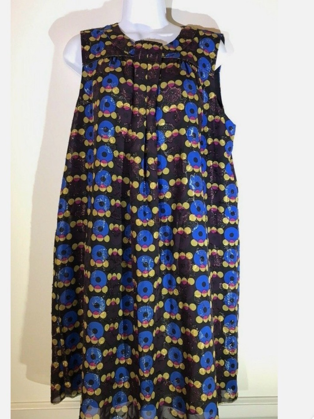 Anna Sui Black Sleeveless Shift Dress with Blue and Yellow Floral shimmer Dots M